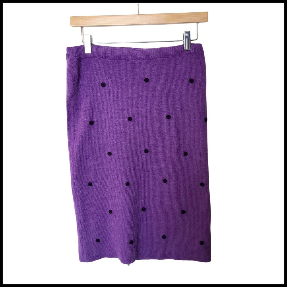 Vintage 80s Dressy Tessy Sweater Skirt Purple 3D Dots Midi Size M Medium Wool Fu